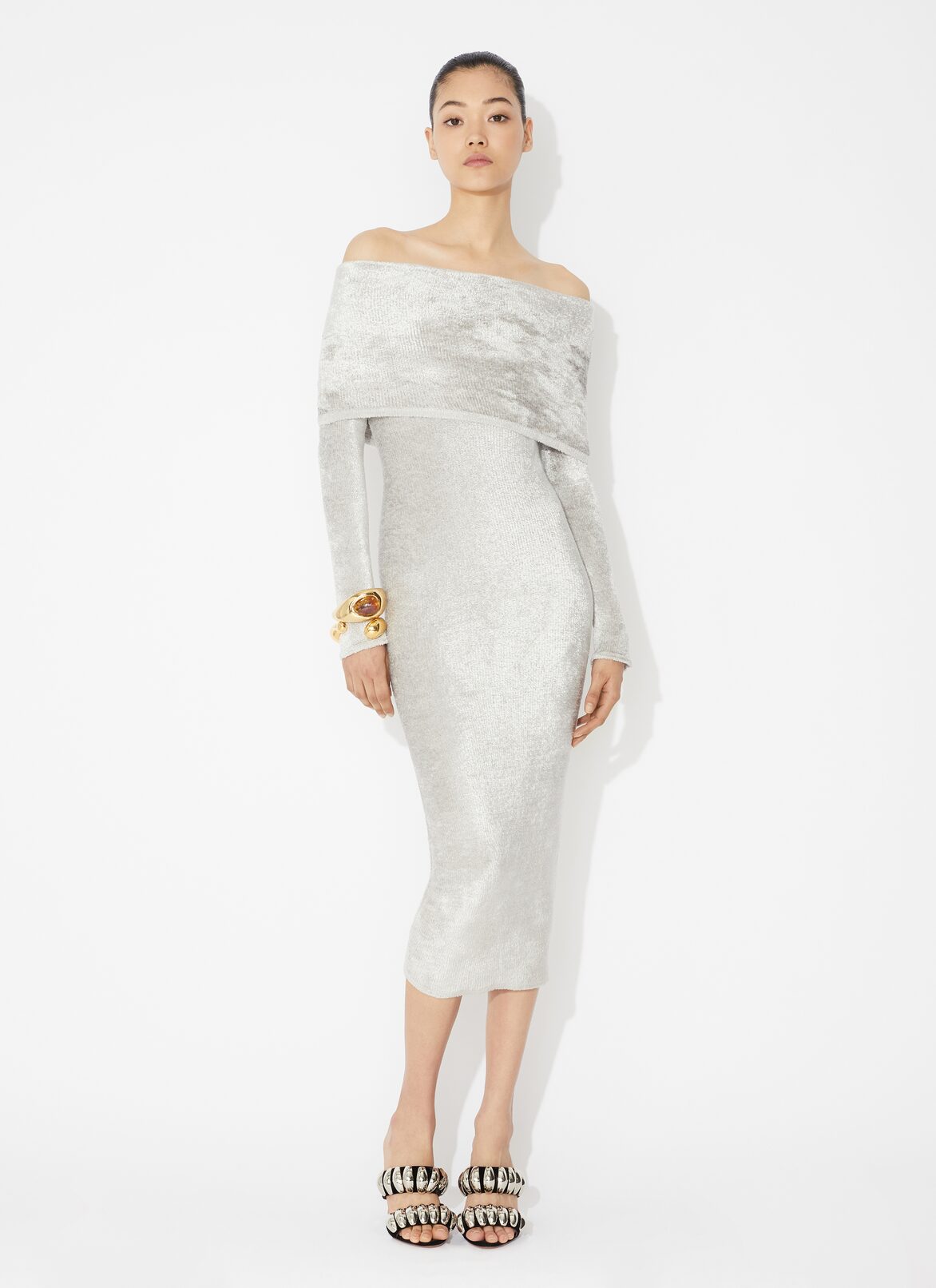 Shiny velvet off-shoulder dress ALAÏA SILVER SHINY VELVET OFF-SHOULDER DRESS